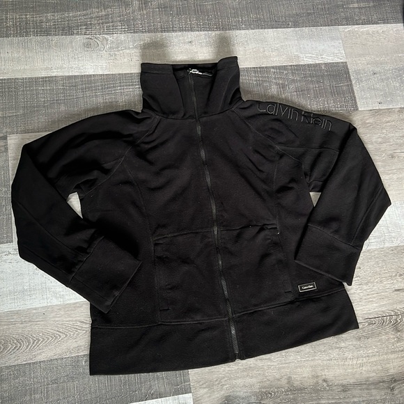 Y2K Calvin Klein Fleece Jacket Women’s sz XL Black Full Zip Pockets Performance - Picture 2 of 10